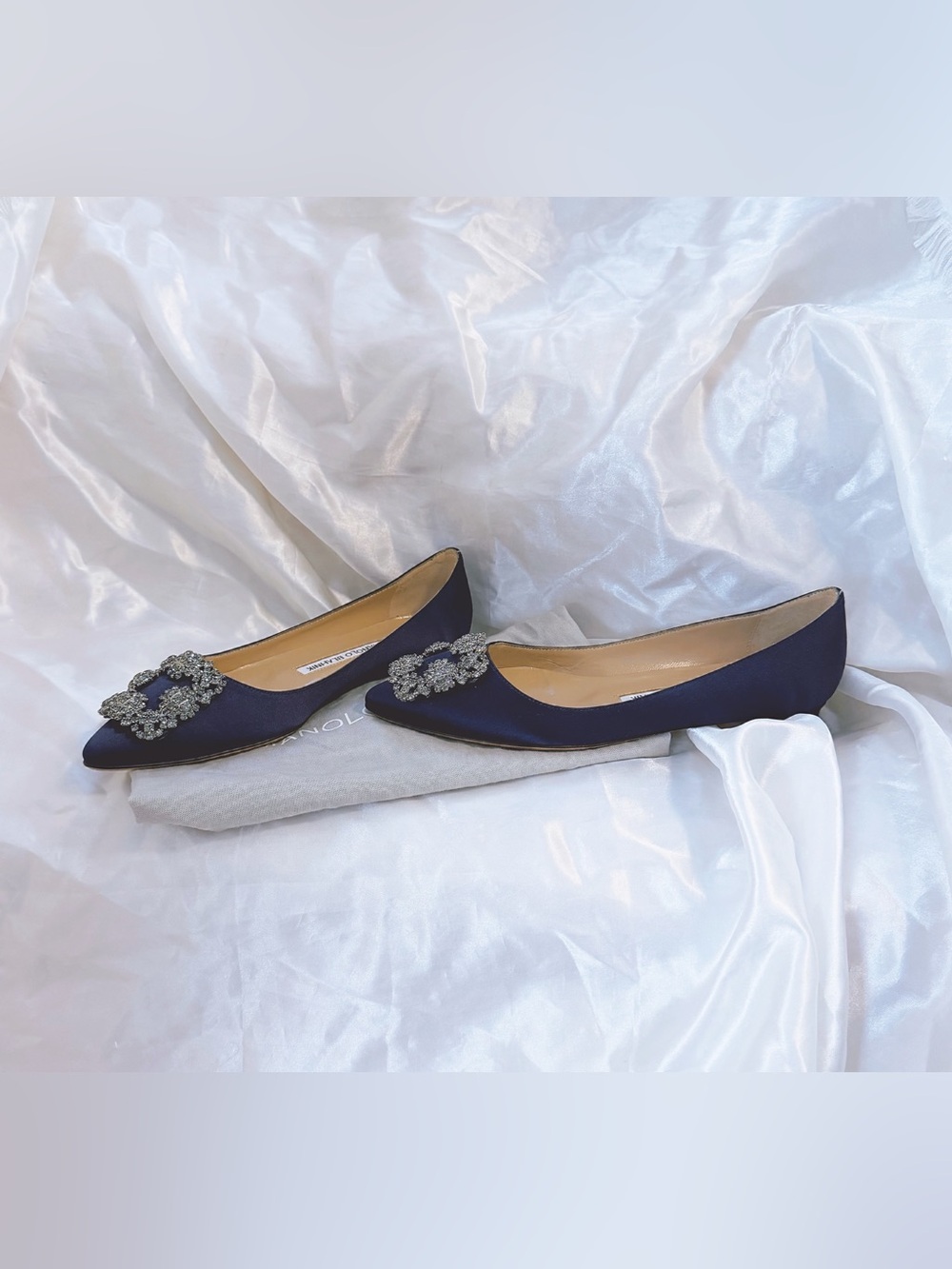Manolo Blahnik Navy Satin Pointed Toe Flats with Crystal Embellishment